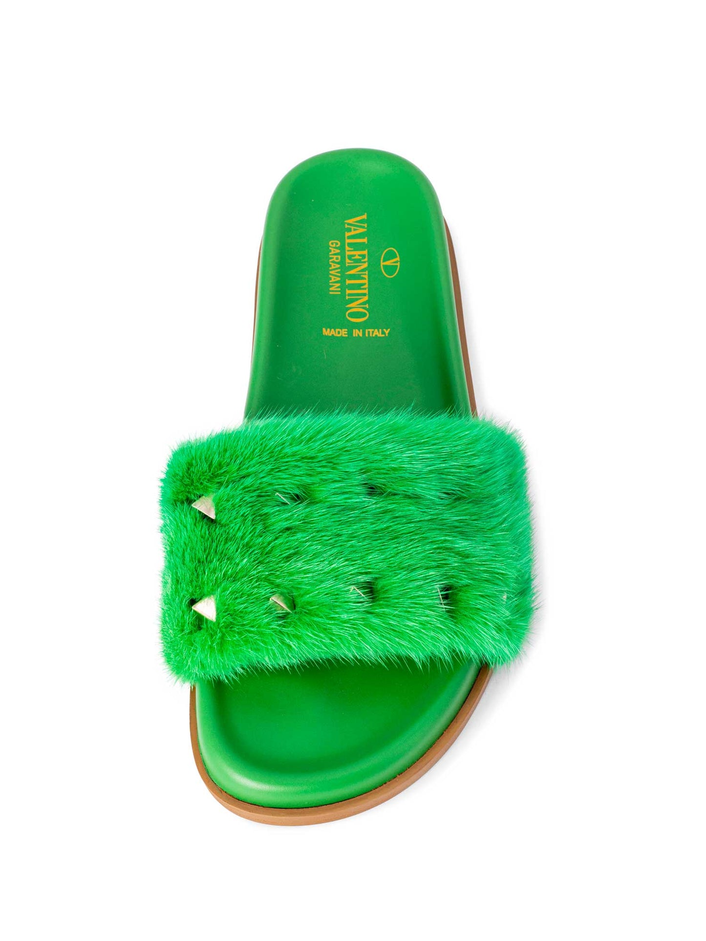 Valentino Fur Rockstud Slides Green