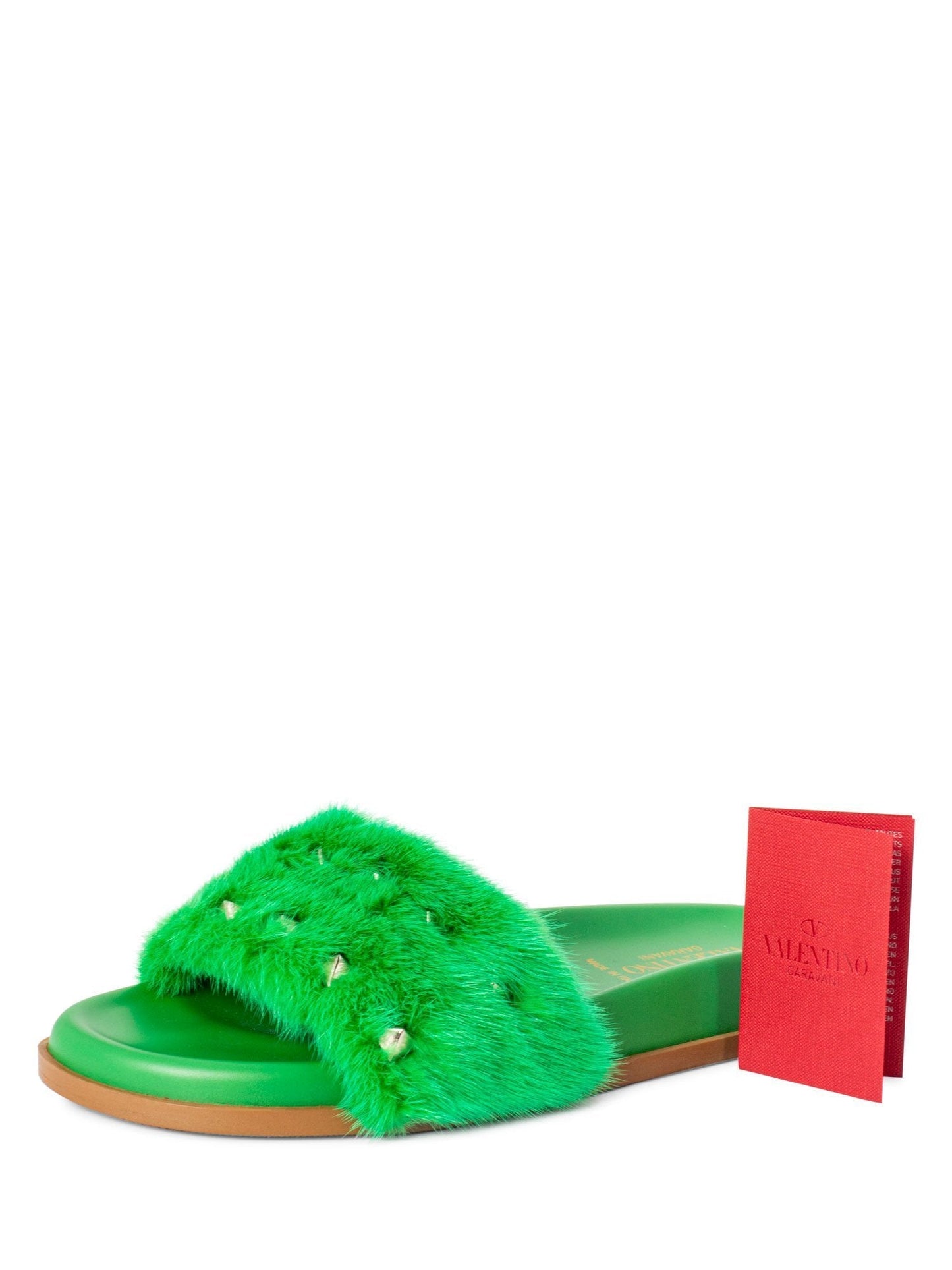 Valentino Fur Rockstud Slides Green