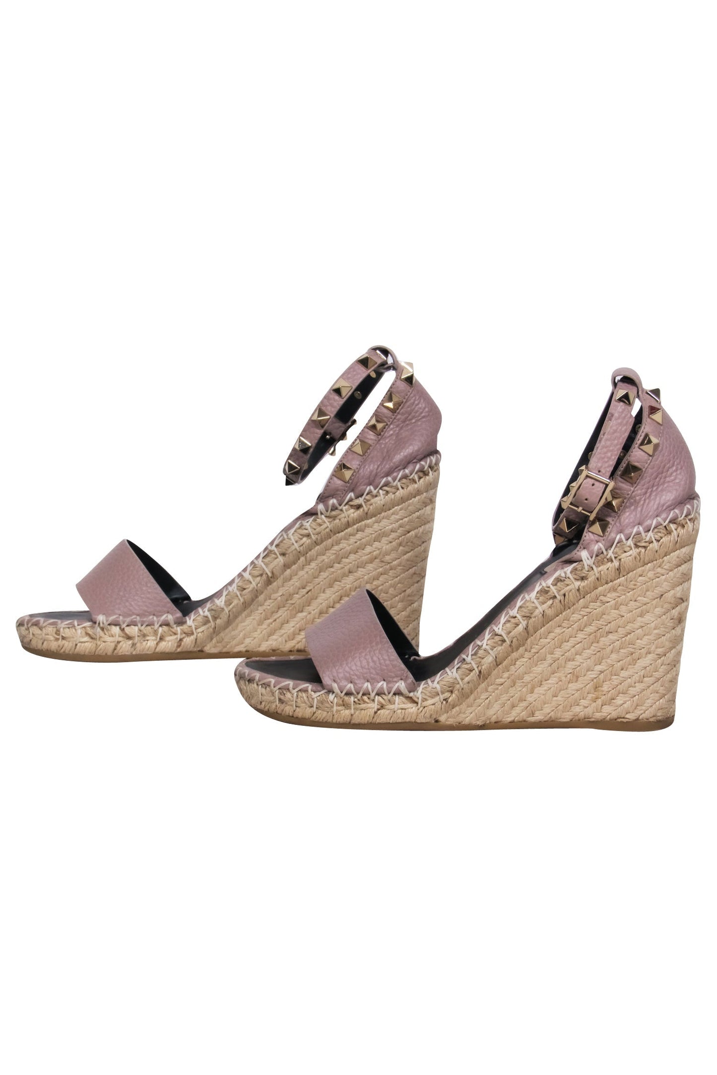 Valentino - Nude Calfskin Leather Espadrille Rock-Stud Wedges w/ Ankle Strap Sz 7