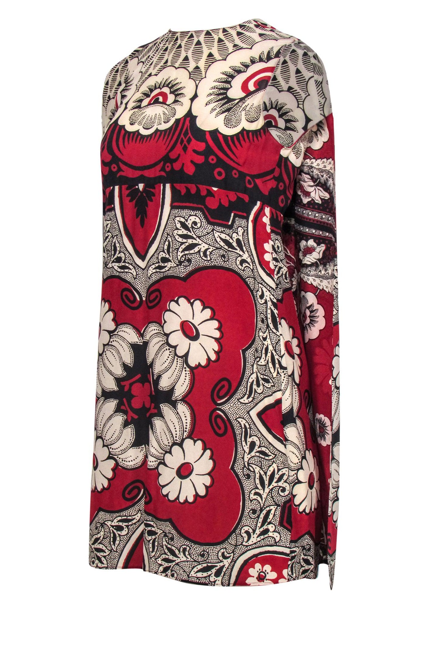 Valentino - Red, Black & White Floral Print Sleeveless Shift Dress w/ Cape Sz 4