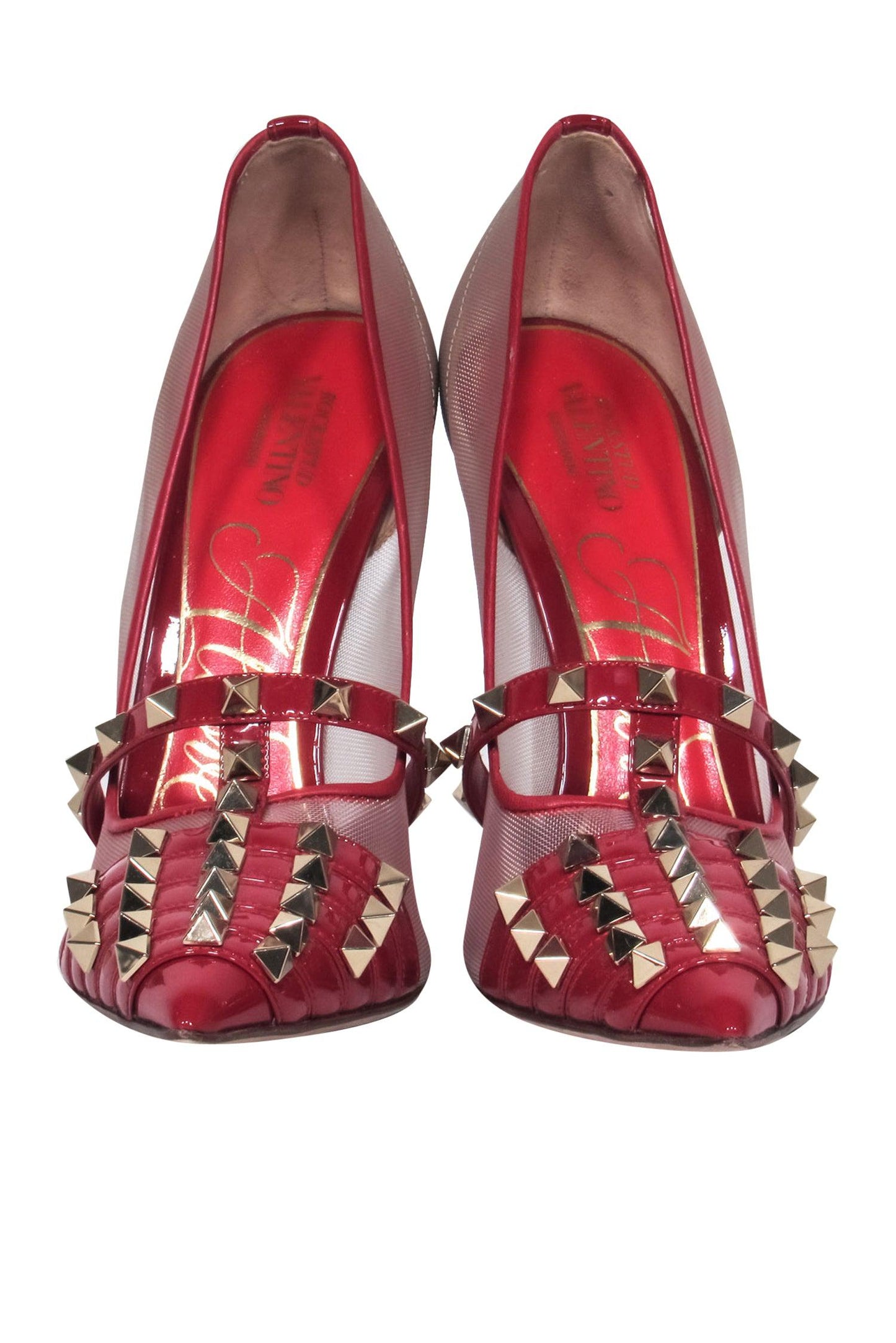 Valentino - Red Patent & Mesh Studded Caged Pointed Toe "Rockstud" Pumps Sz 7.5