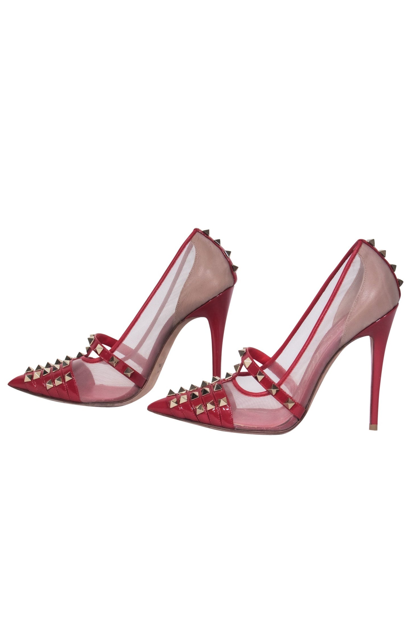 Valentino - Red Patent & Mesh Studded Caged Pointed Toe "Rockstud" Pumps Sz 7.5