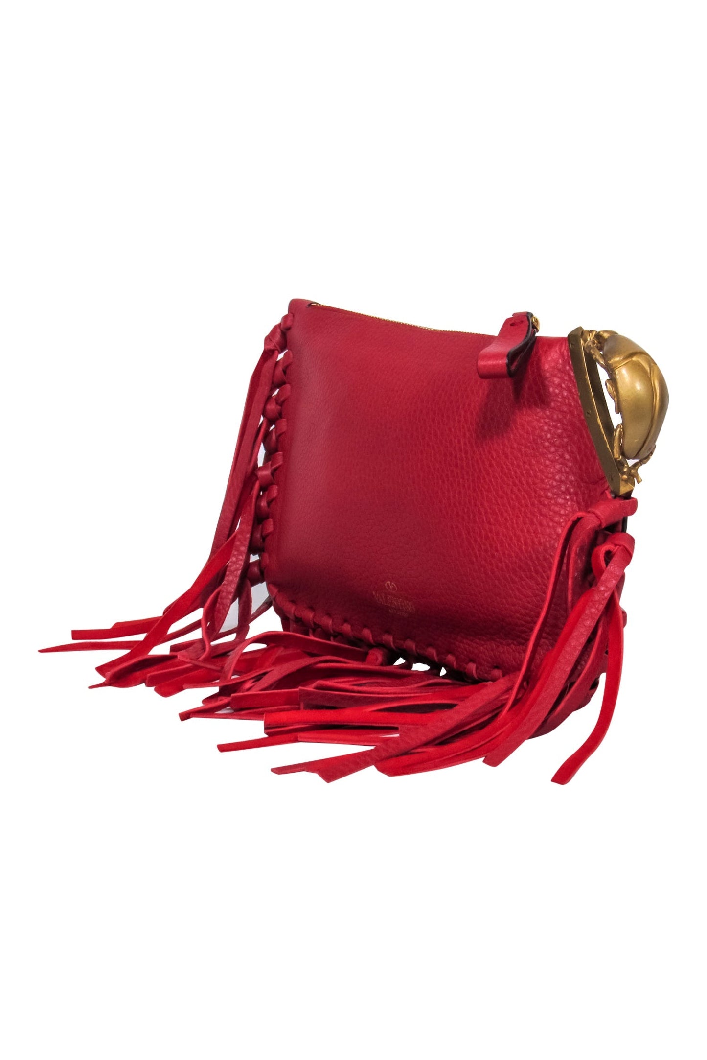 Valentino - Red Textured Leather Fringed Zippered Clutch w/ Beetle Handle