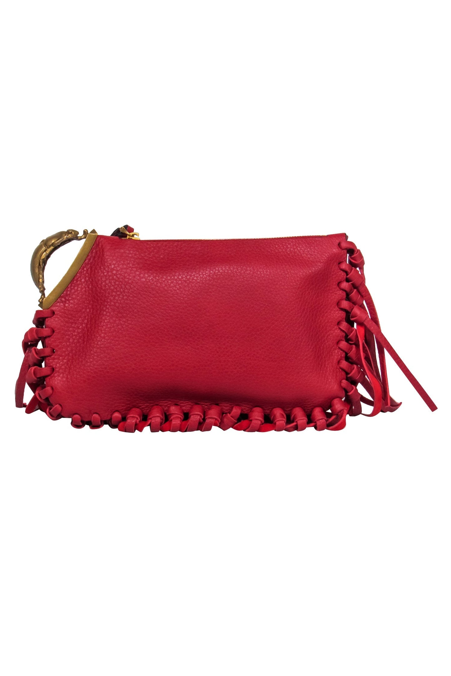 Valentino - Red Textured Leather Fringed Zippered Clutch w/ Beetle Handle