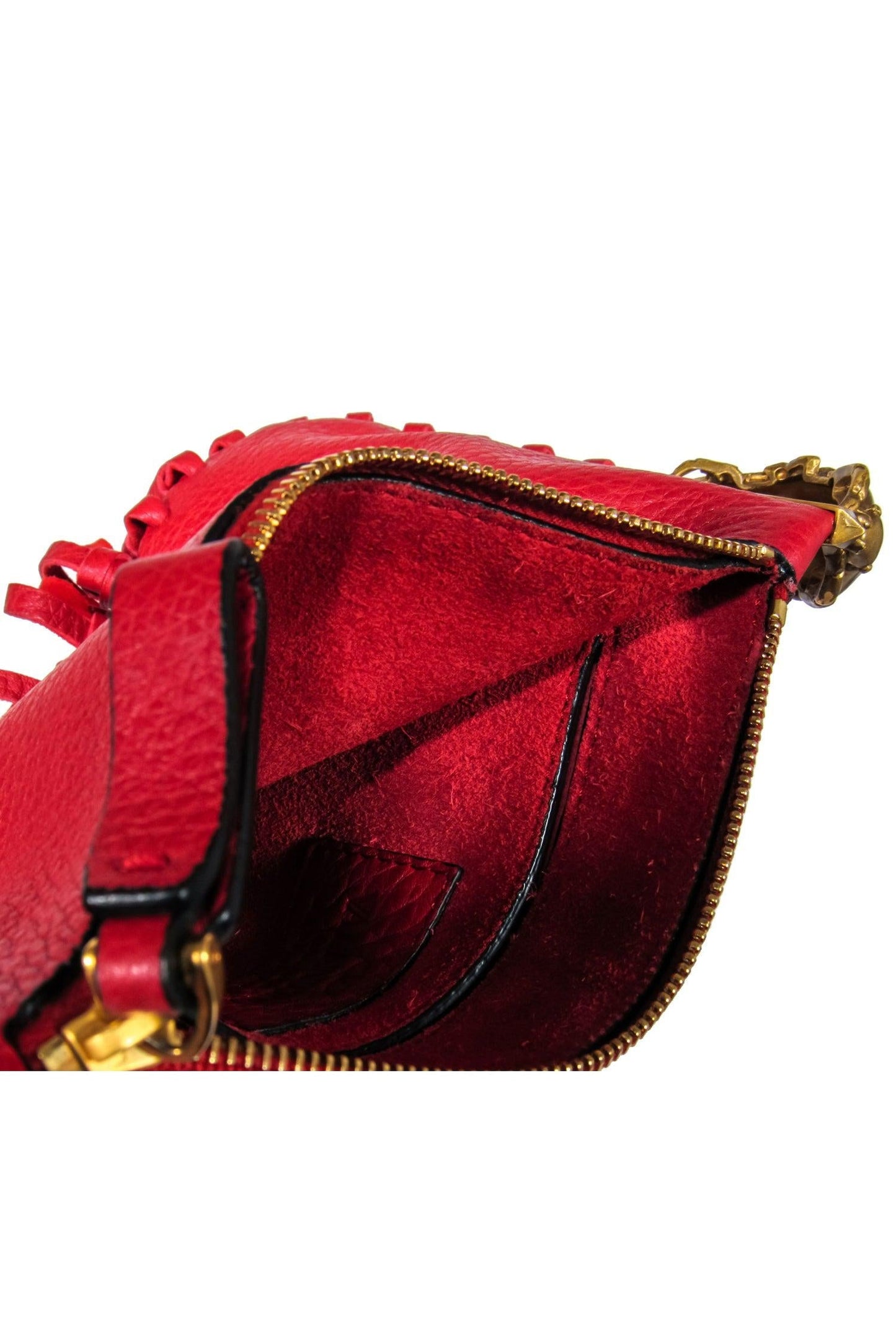 Valentino - Red Textured Leather Fringed Zippered Clutch w/ Beetle Handle