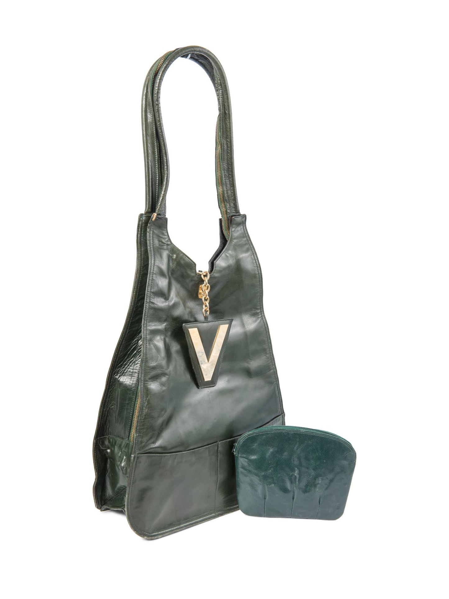 Valentino by Mario Vintage Leather Logo Zippered Hobo Bag with Wallet Green