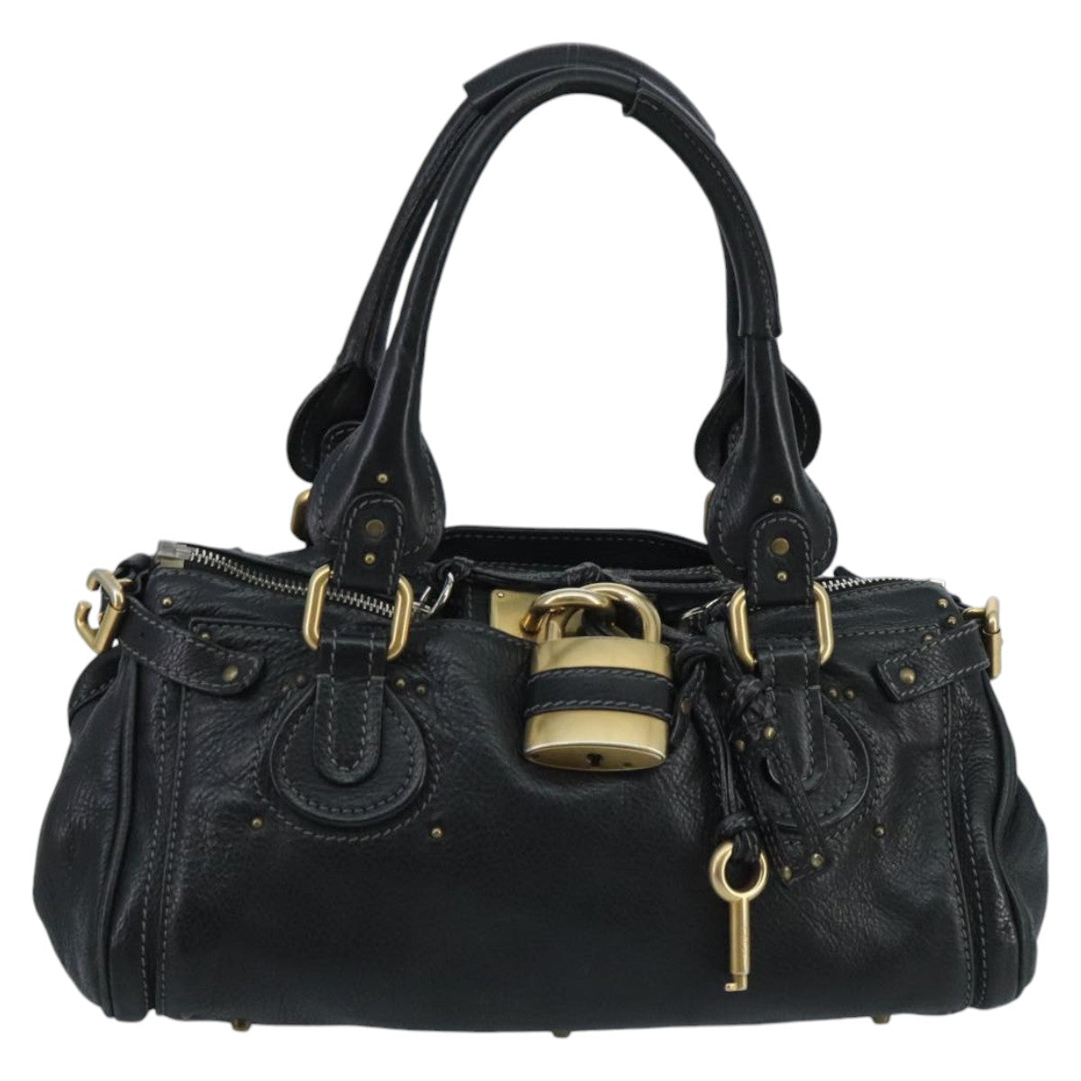 Chloe Paddington Hand Bag Leather Black Gold Silver am7141