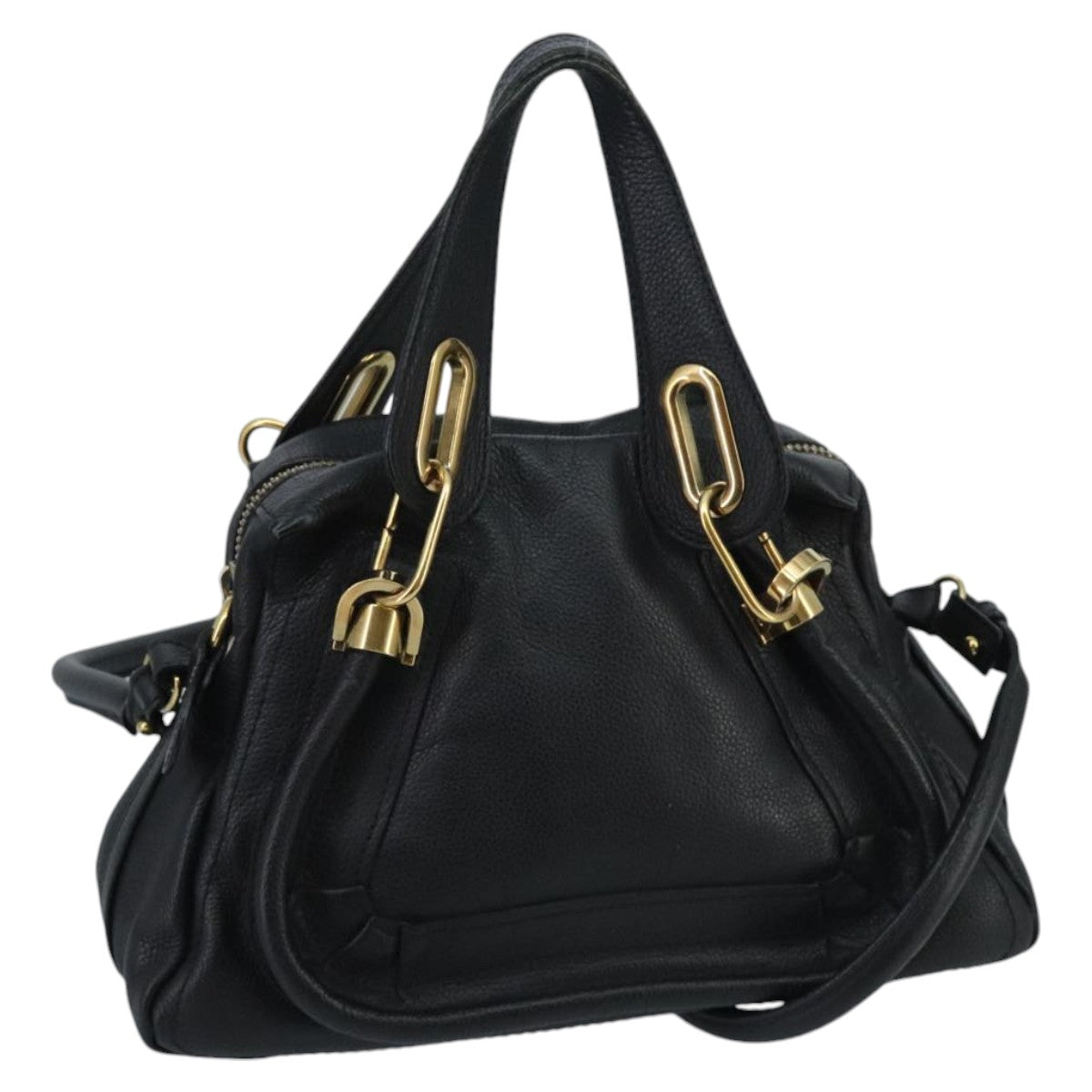 Chloe Paraty Hand Bag Leather 2way Black Gold am7170