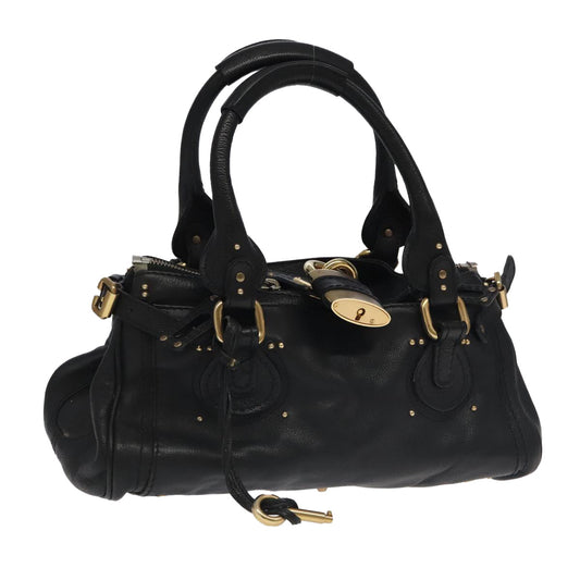 Chloe Paddington Hand Bag Leather Black Gold Silver am7212