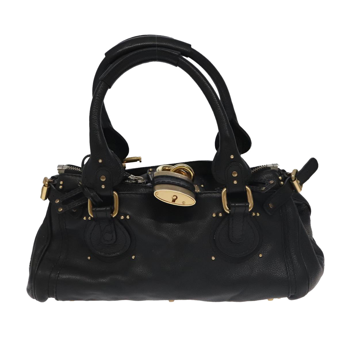 Chloe Paddington Hand Bag Leather Black Gold Silver am7212