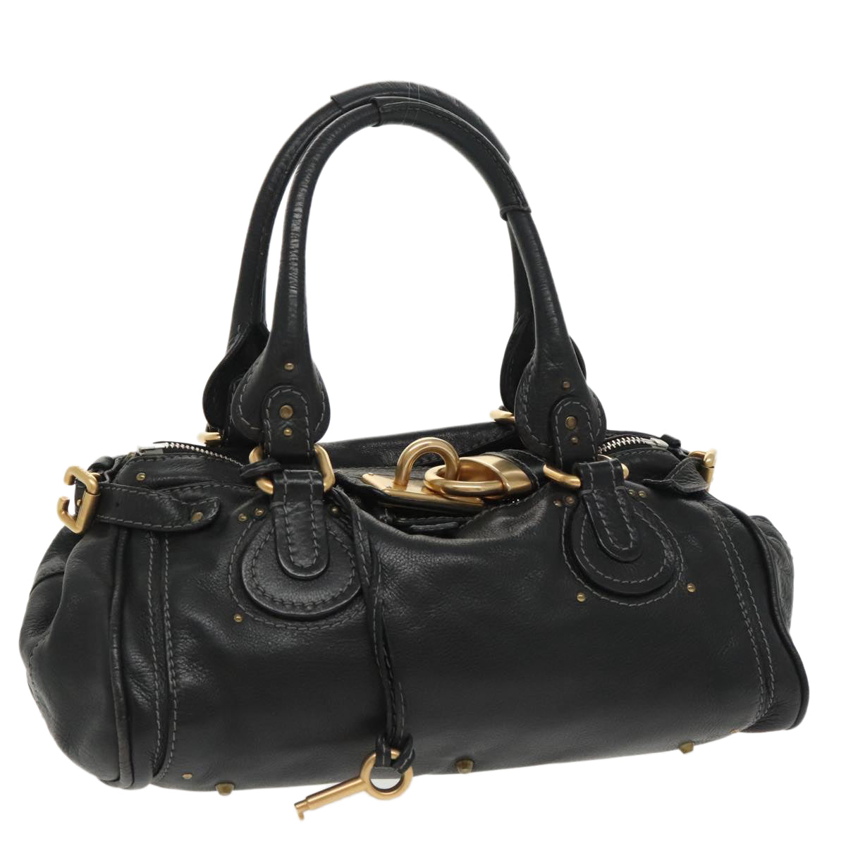 Chloe Paddington Hand Bag Leather Black Gold Silver am7243
