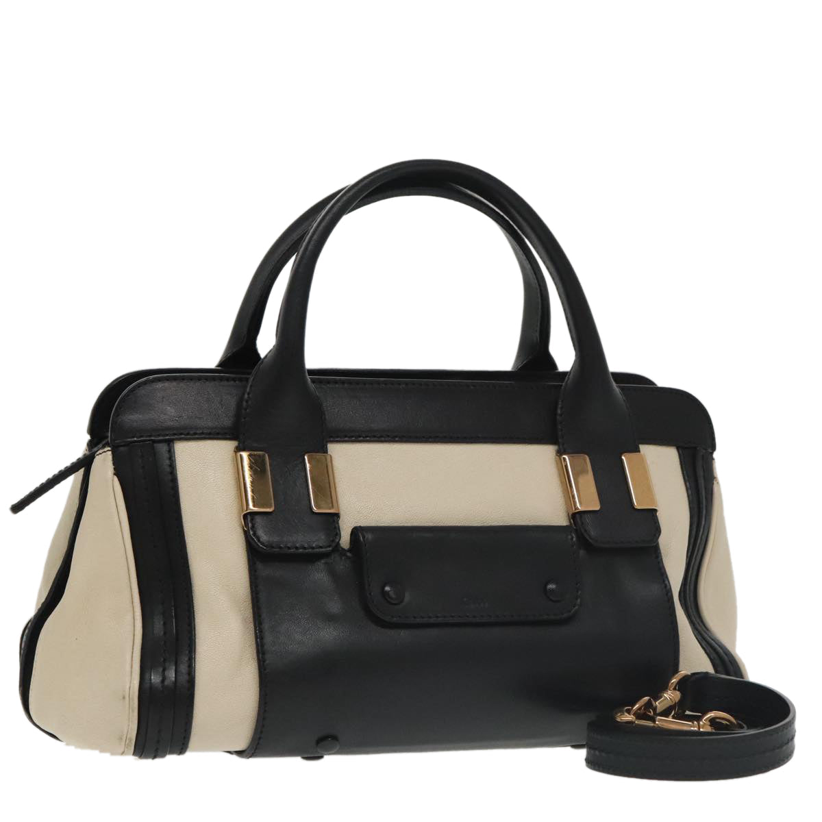 Chloe Hand Bag Leather 2way White Black Gold am7273