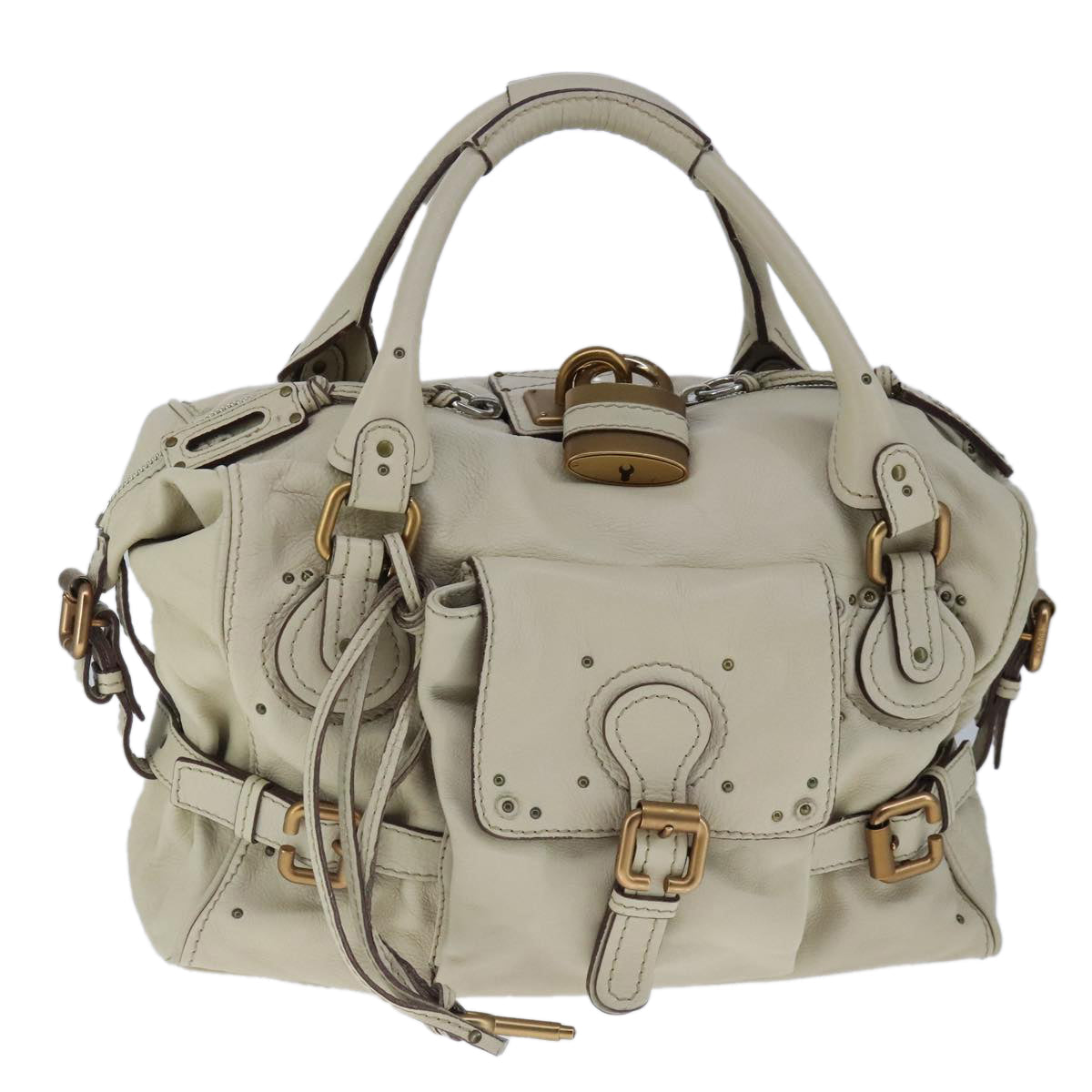 Chloe Paddington Hand Bag Leather Beige Gold Silver am7290