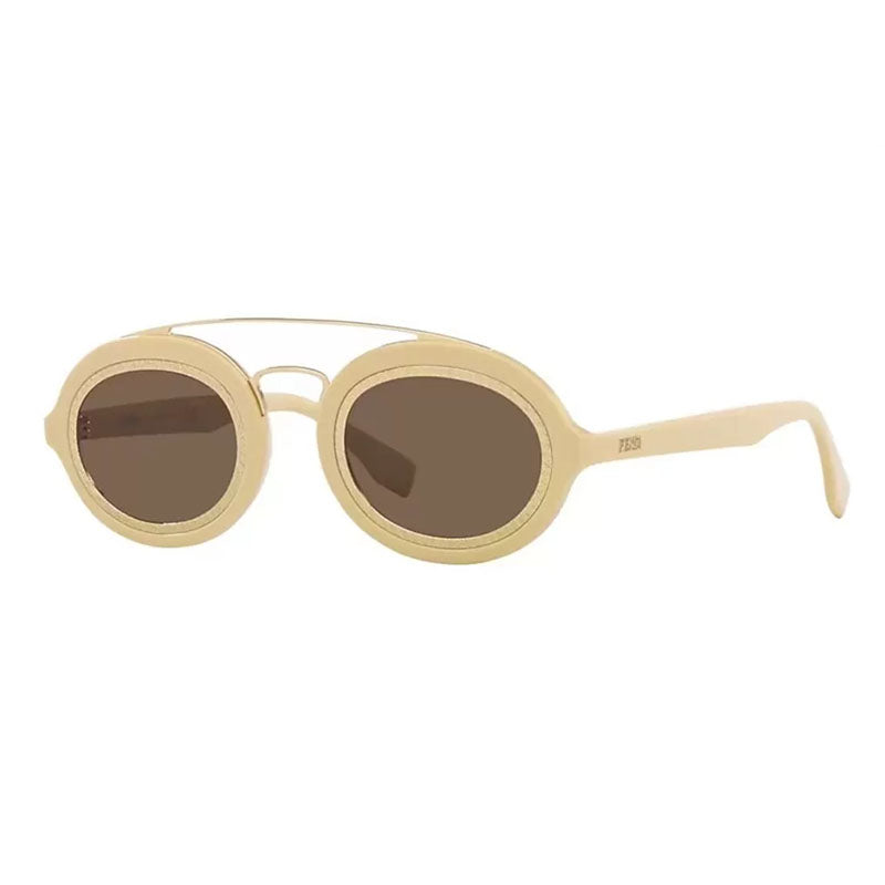 Fendi Oval Full Rim, with a Ivory/Gold frame and Brown lens. Gold