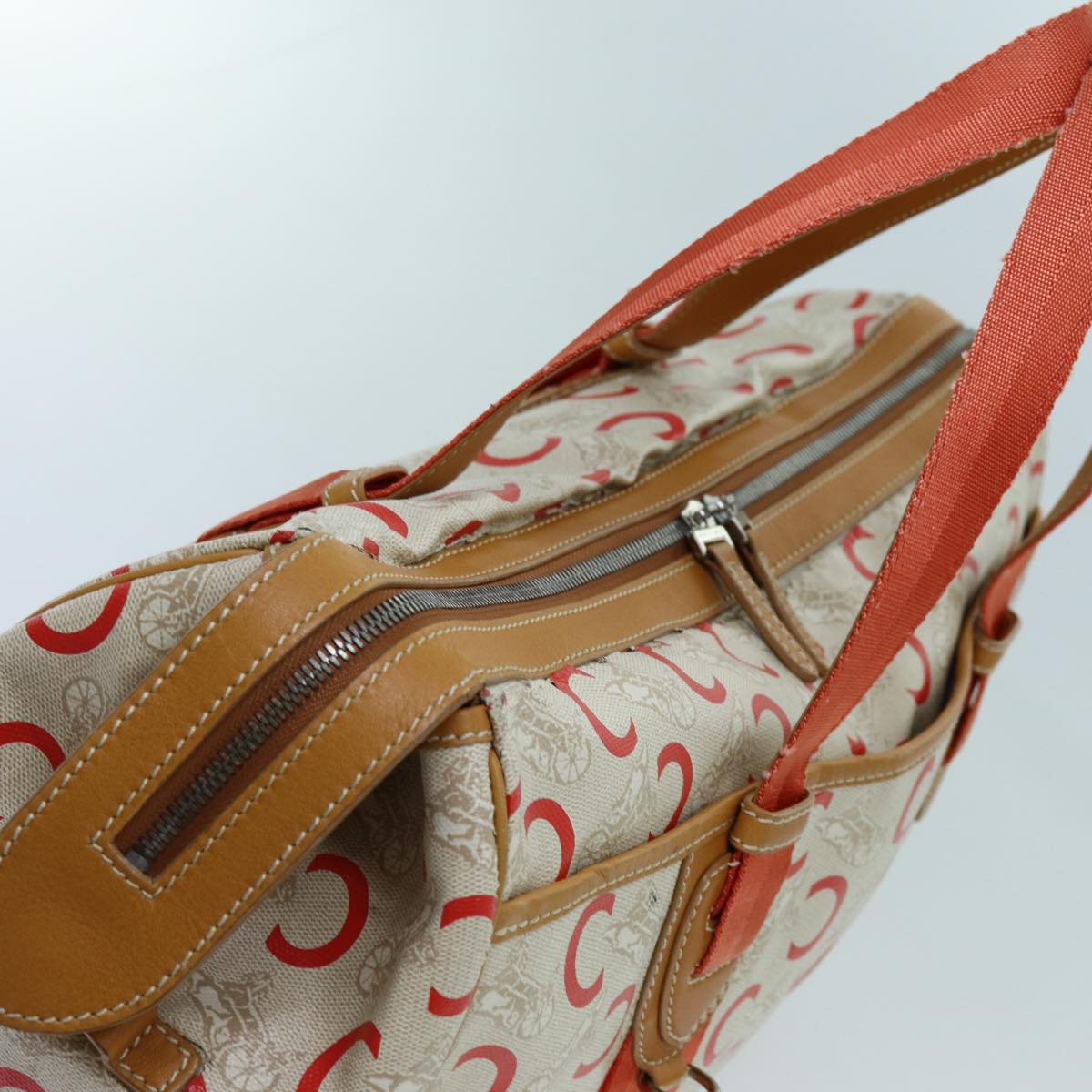 CELINE C Macadam Canvas Boston Bag White Auth bs13387