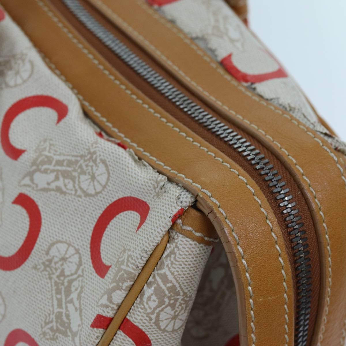 CELINE C Macadam Canvas Boston Bag White Auth bs13387