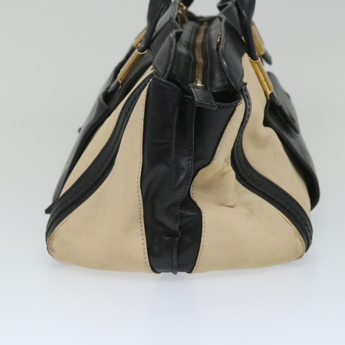 Chloe Hand Bag Leather Beige Black 01 13 62 65 bs9176