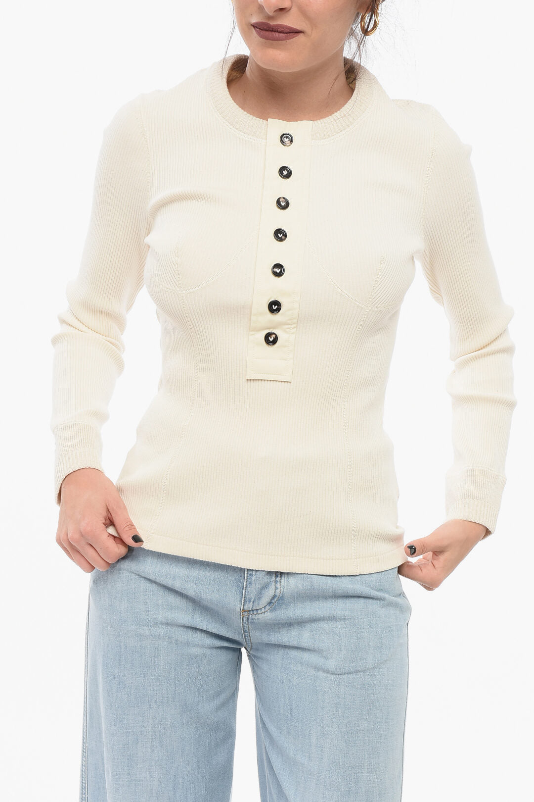 Bottega Veneta Crew Neck Ribbed Stretch Cotton Sweater with Buttons White