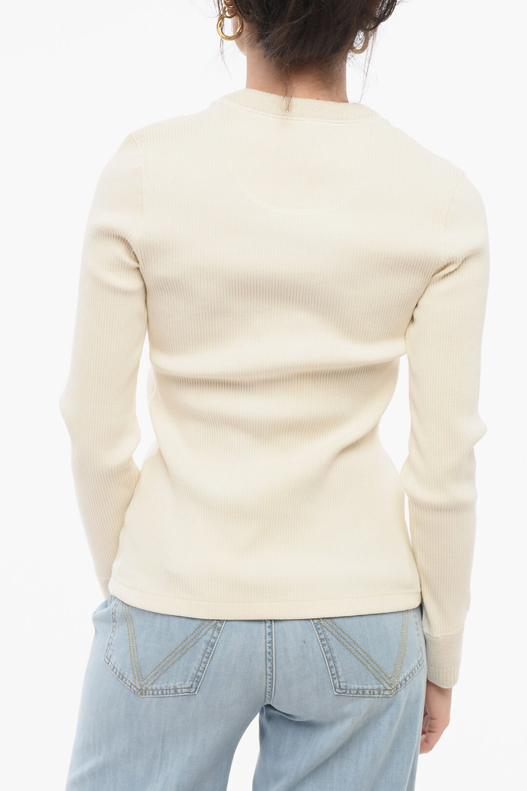 Bottega Veneta Crew Neck Ribbed Stretch Cotton Sweater with Buttons