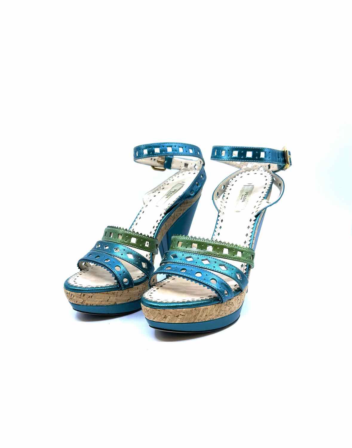 PRADA Size 10 Blue, Green Leather Metallic Eyelet Sandals