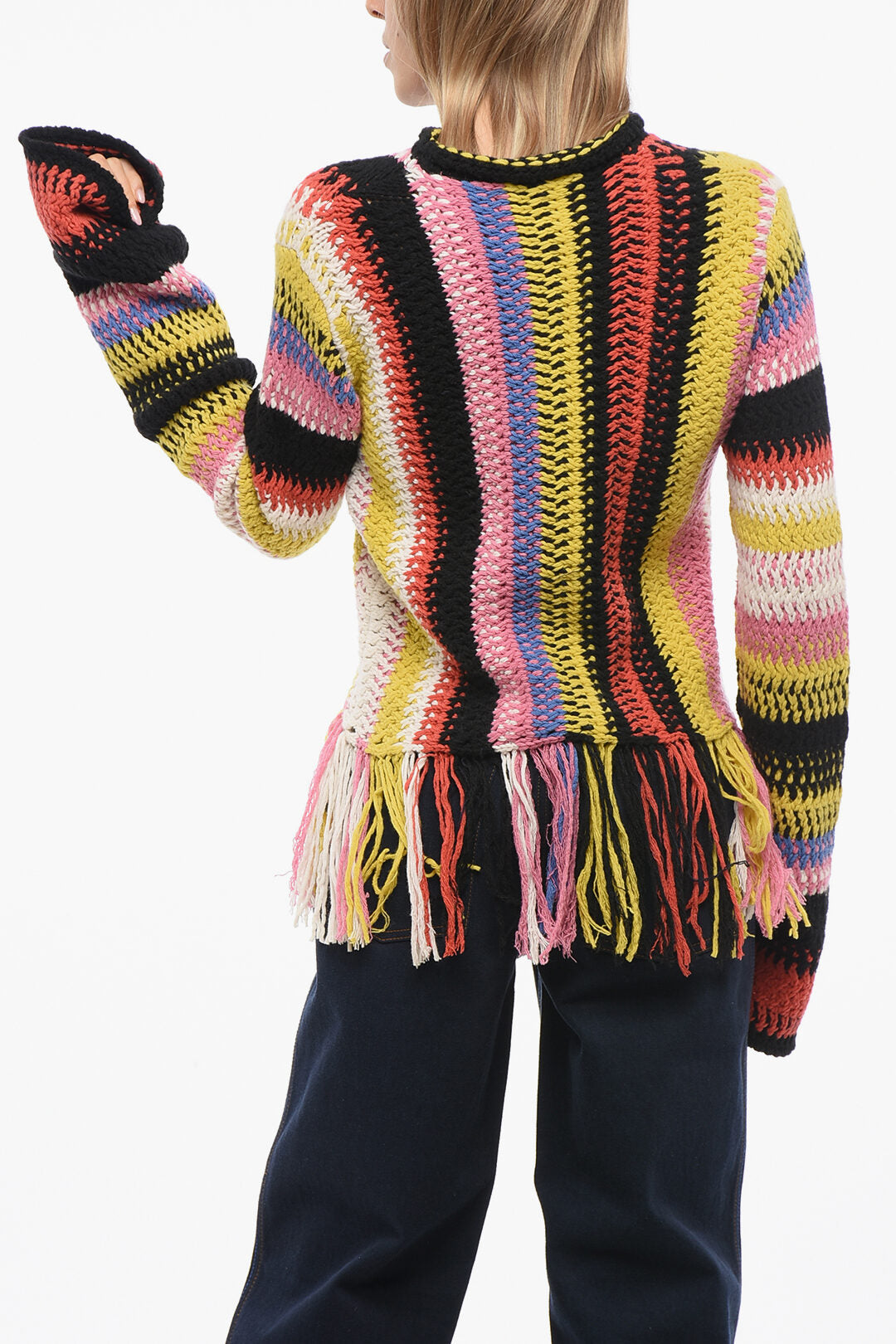 Chloe Fringed Bottom Crochet Sweater with Multicolor Motif