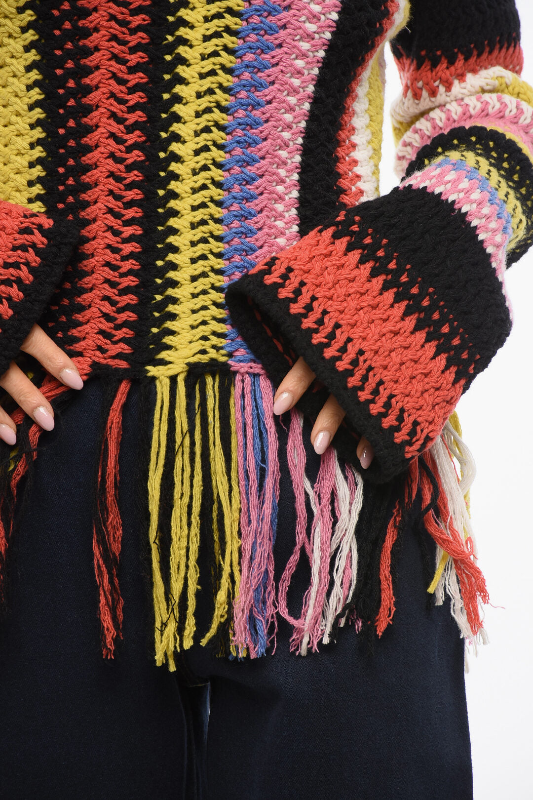 Chloe Fringed Bottom Crochet Sweater with Multicolor Motif