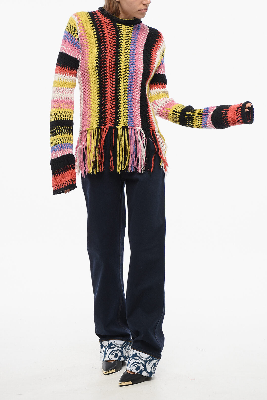 Chloe Fringed Bottom Crochet Sweater with Multicolor Motif