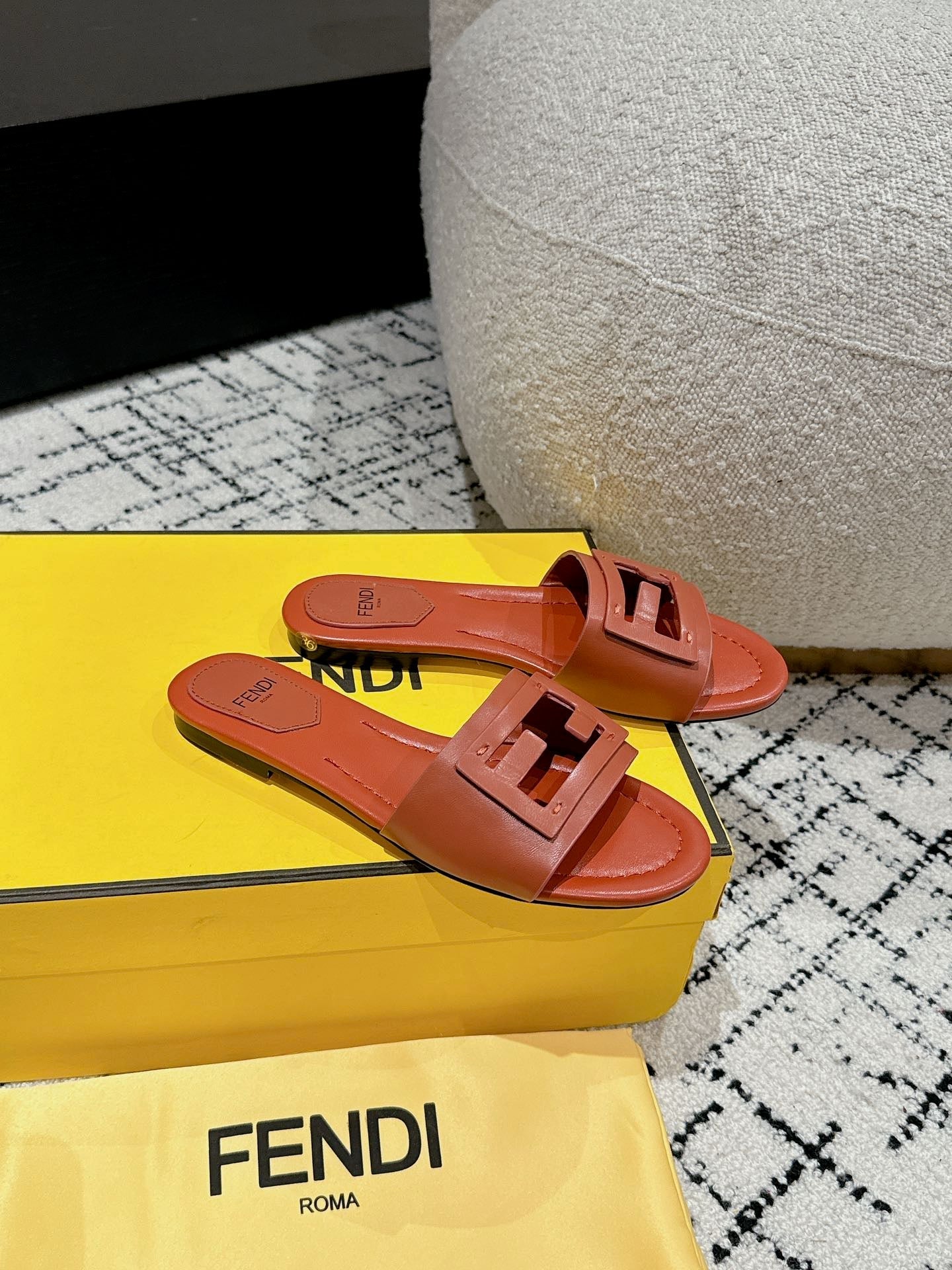 FENDI FF Baguette Rust Leather Slide
