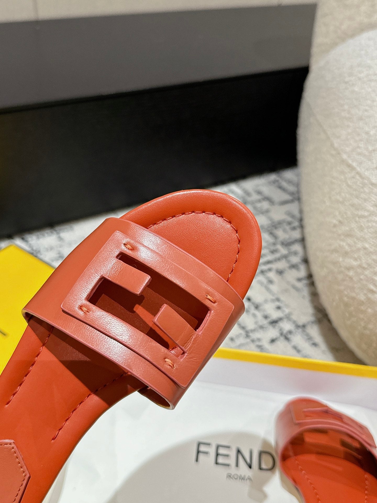 FENDI FF Baguette Rust Leather Slide