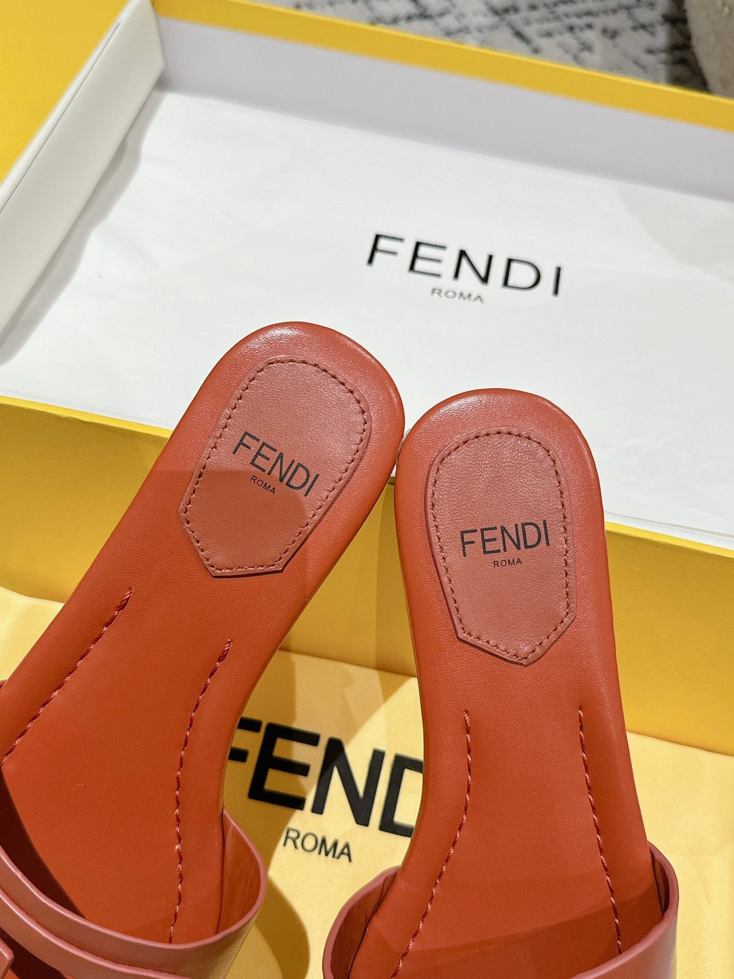 FENDI FF Baguette Rust Leather Slide
