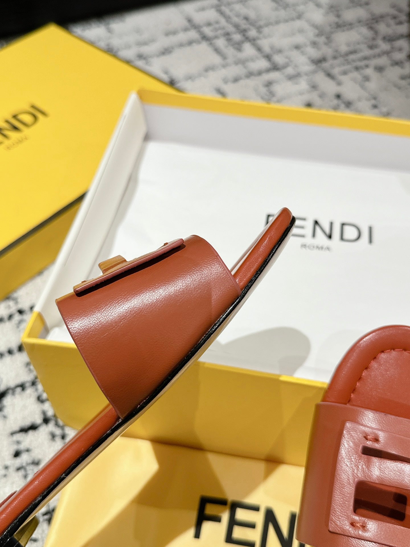 FENDI FF Baguette Rust Leather Slide