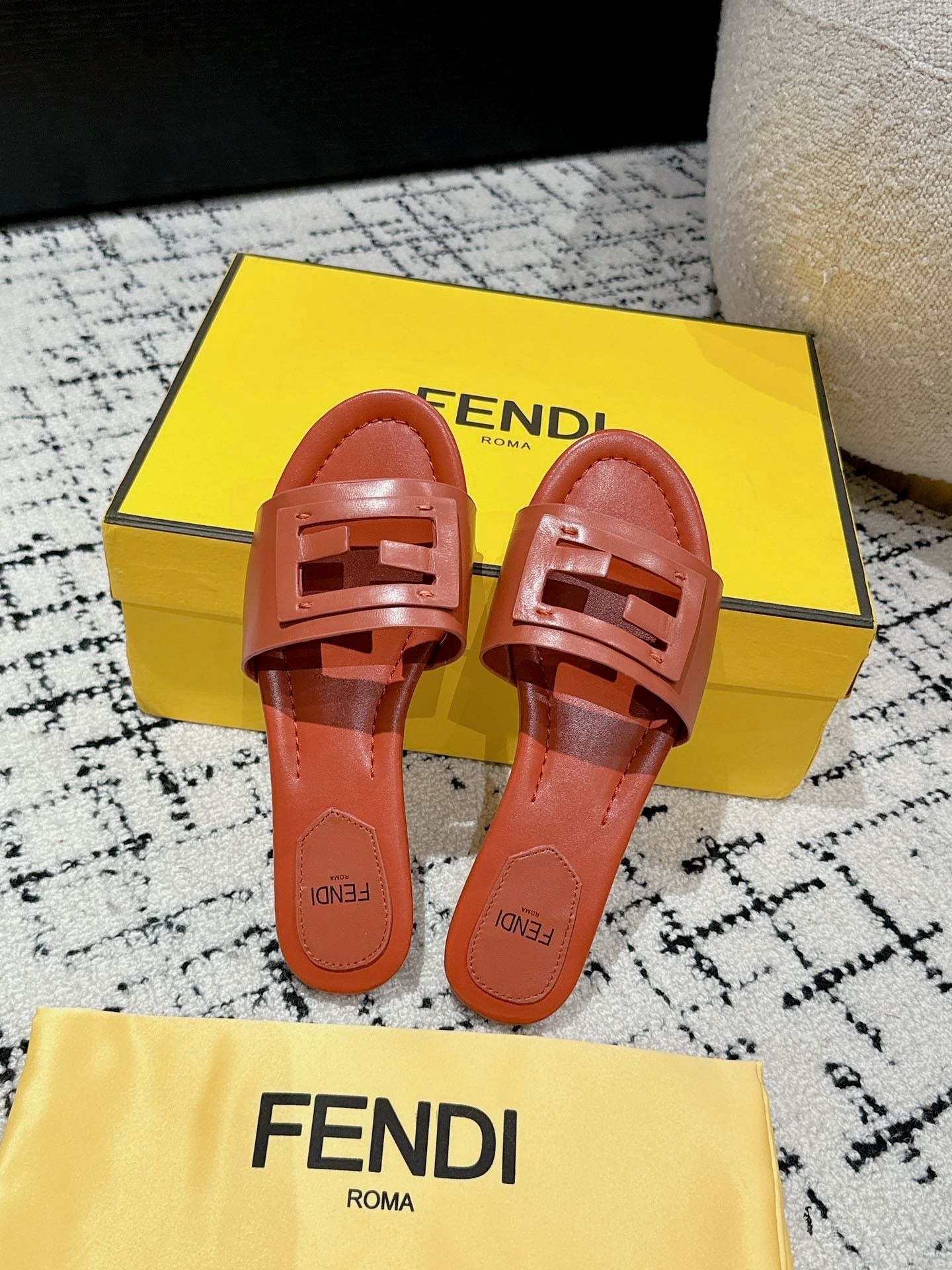 FENDI FF Baguette Rust Leather Slide