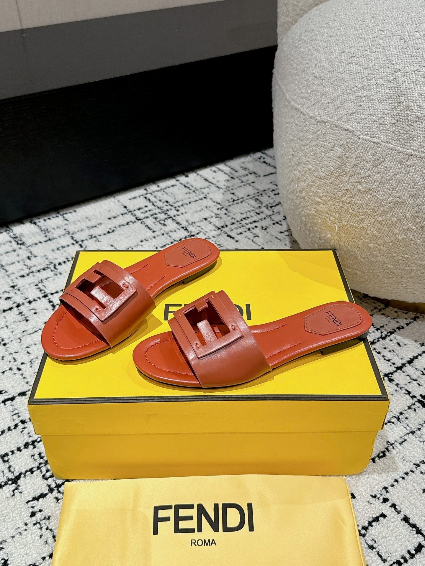 FENDI FF Baguette Rust Leather Slide