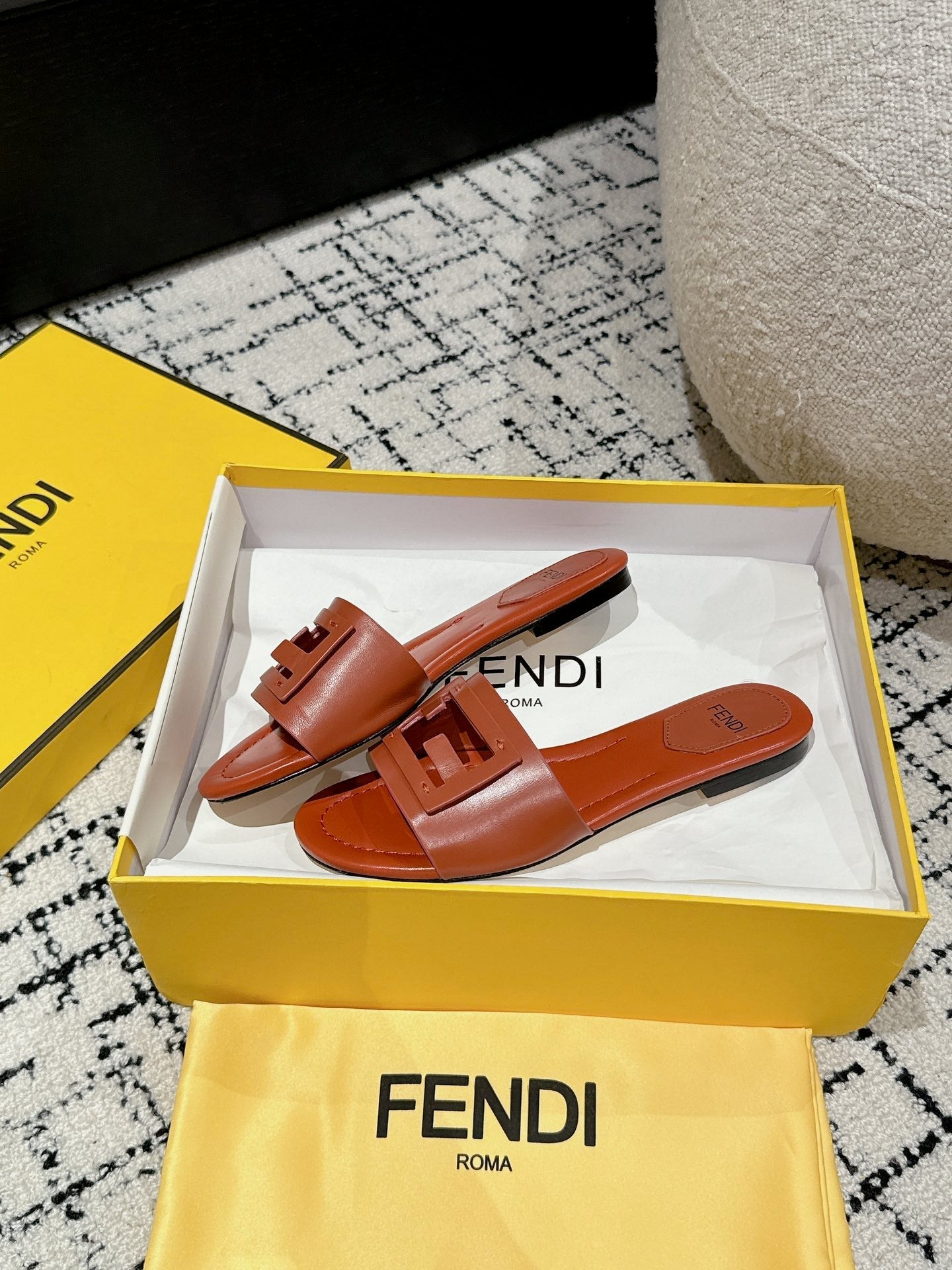 FENDI FF Baguette Rust Leather Slide