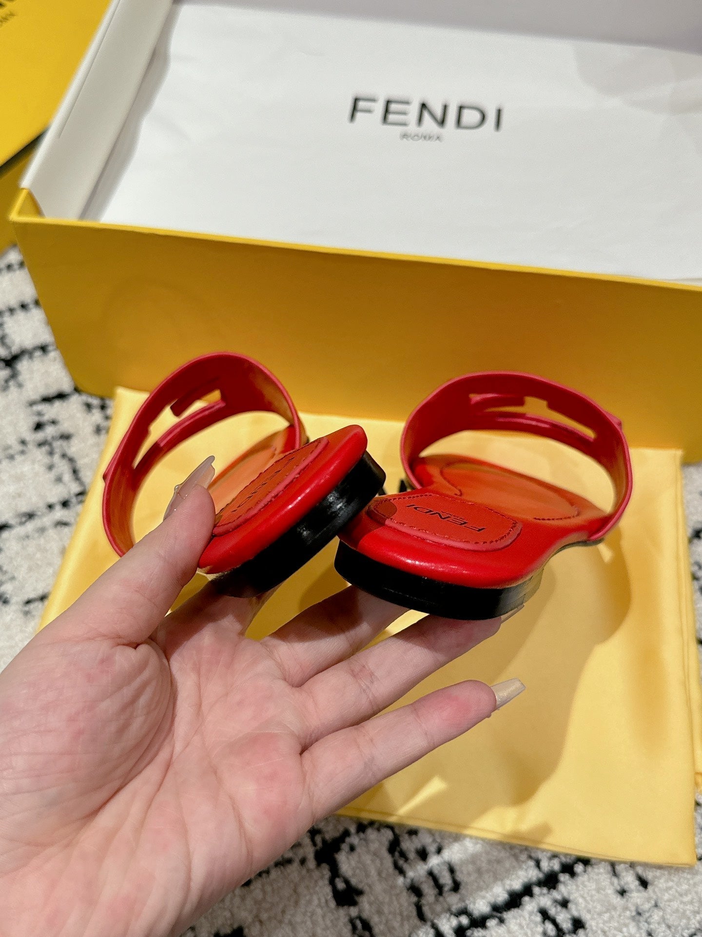 FENDI FF Baguette Red Leather Slide