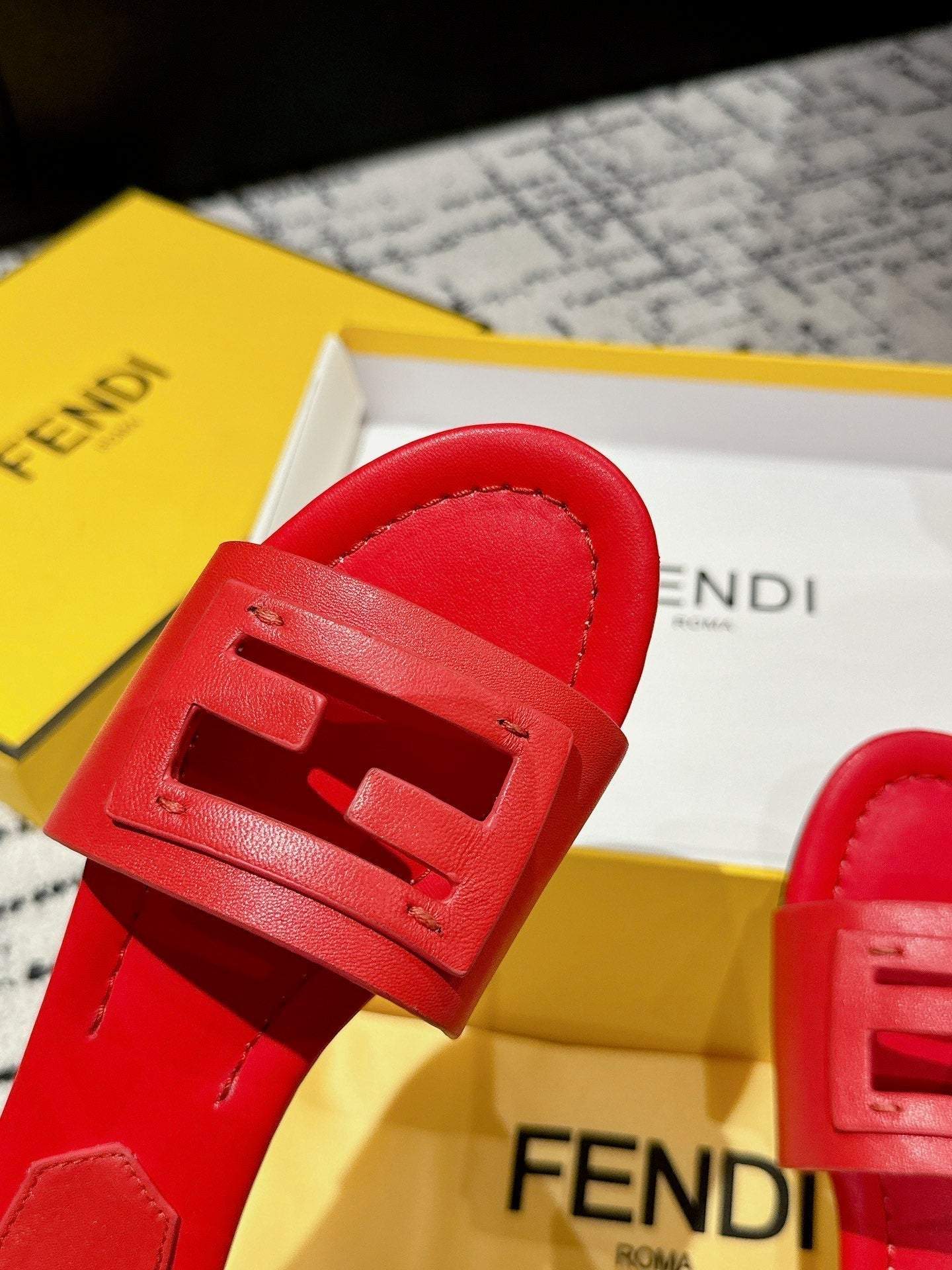 FENDI FF Baguette Red Leather Slide
