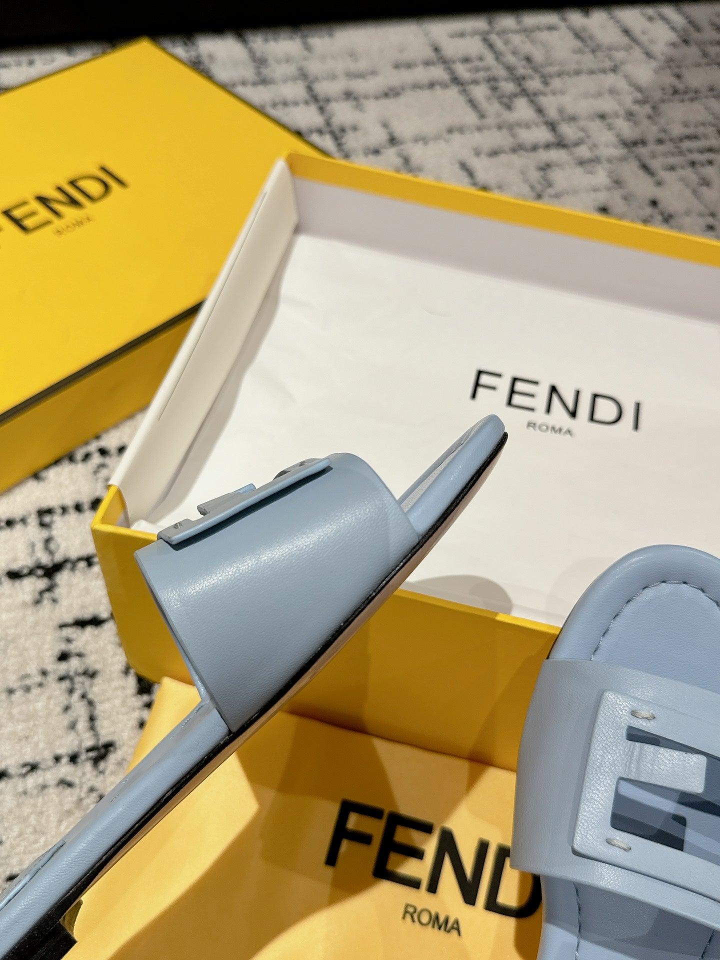 FENDI FF Baguette Baby Blue Leather Slide