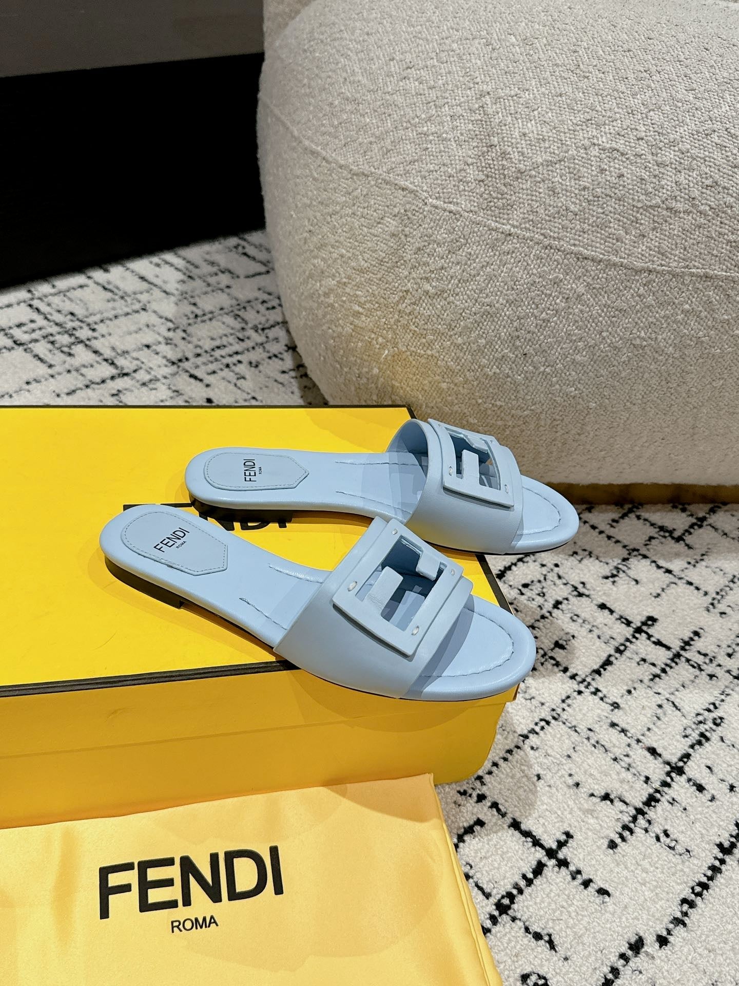 FENDI FF Baguette Baby Blue Leather Slide