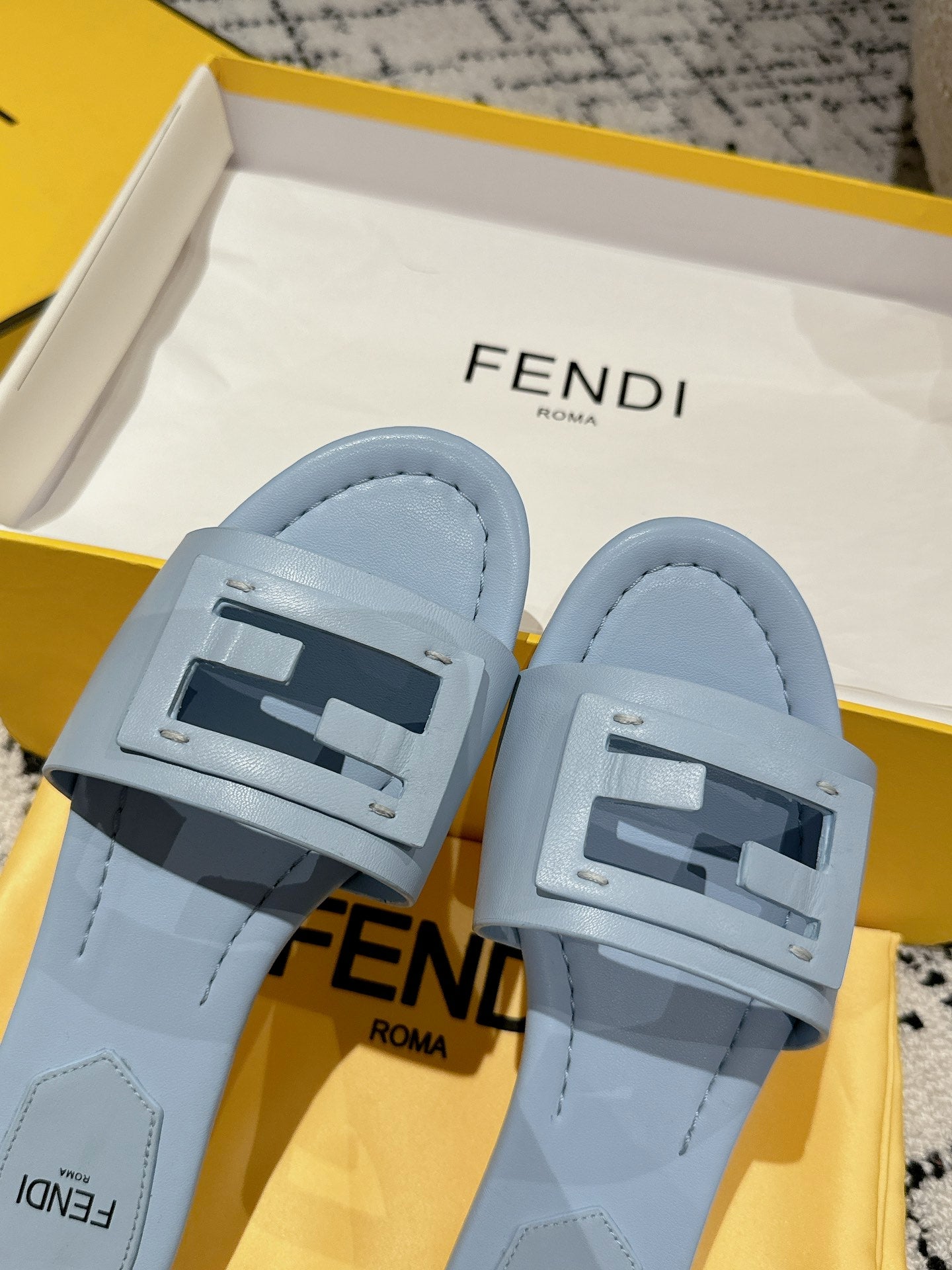 FENDI FF Baguette Baby Blue Leather Slide