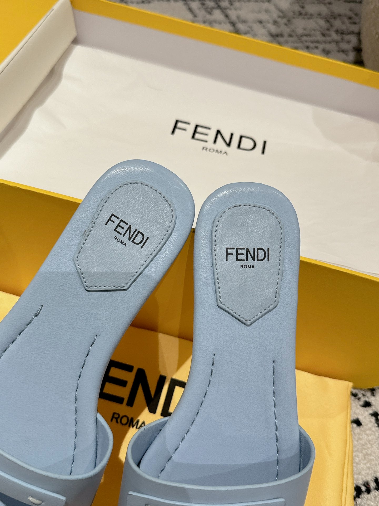 FENDI FF Baguette Baby Blue Leather Slide