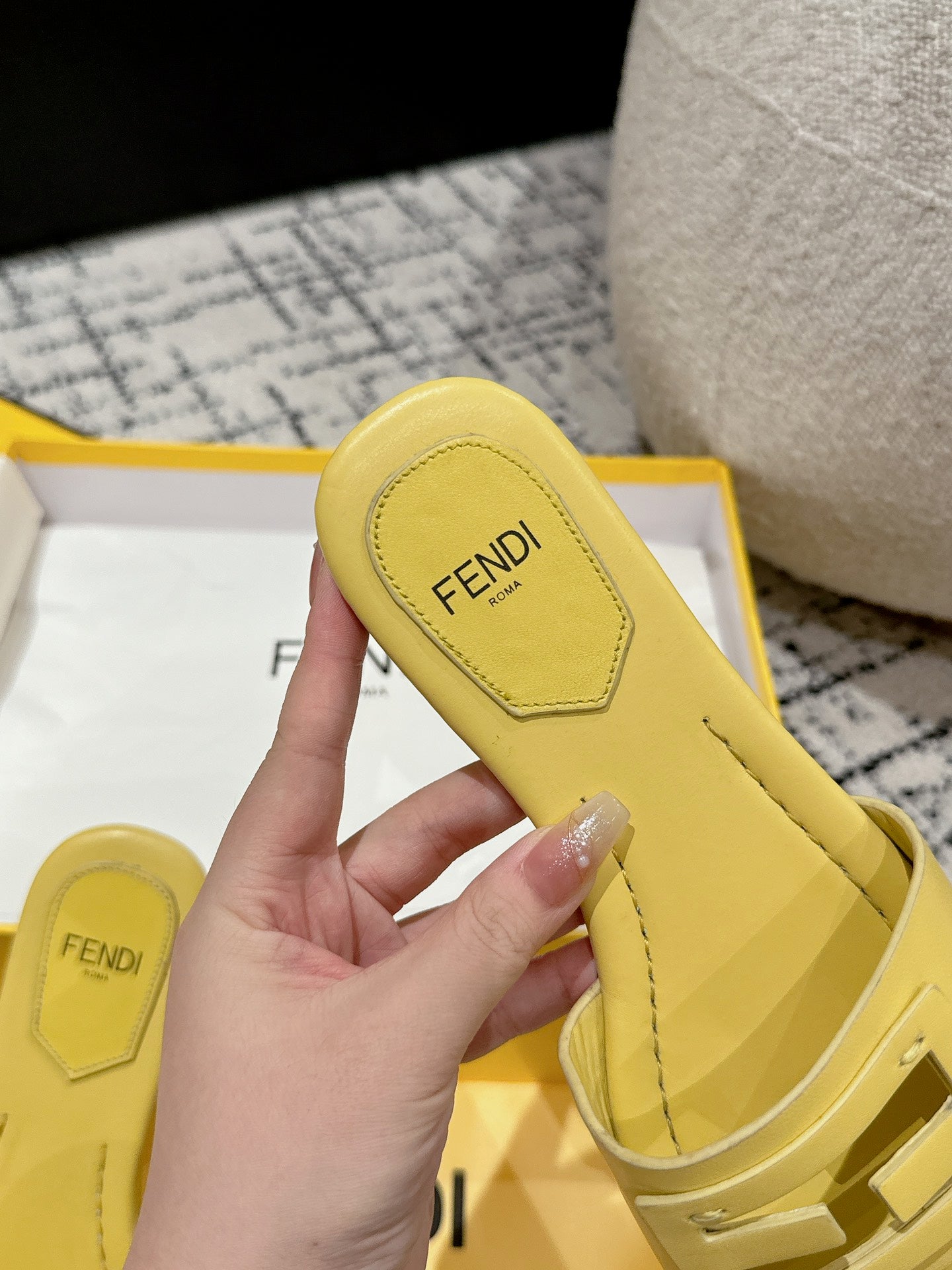 FENDI FF Baguette Yellow Leather Slide