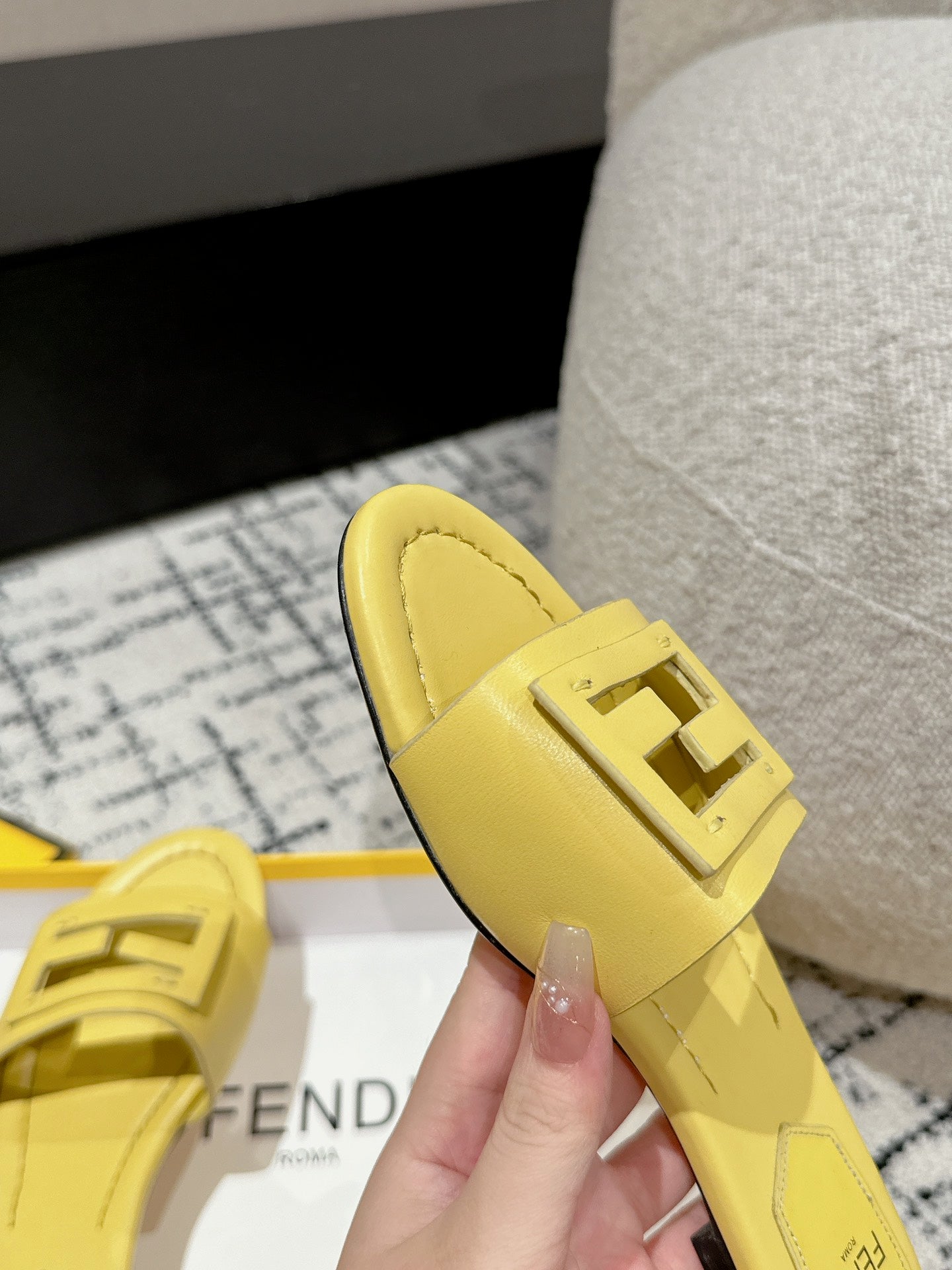 FENDI FF Baguette Yellow Leather Slide