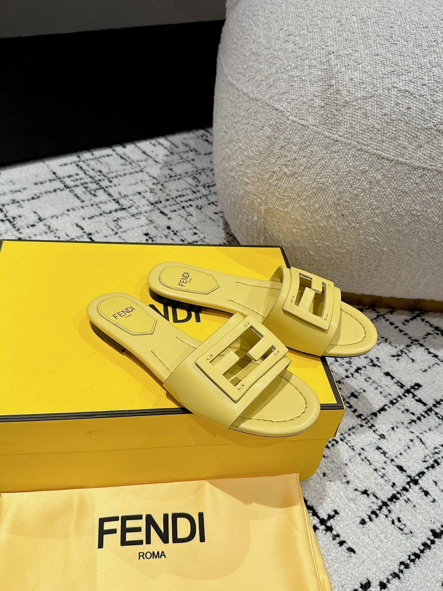 FENDI FF Baguette Yellow Leather Slide
