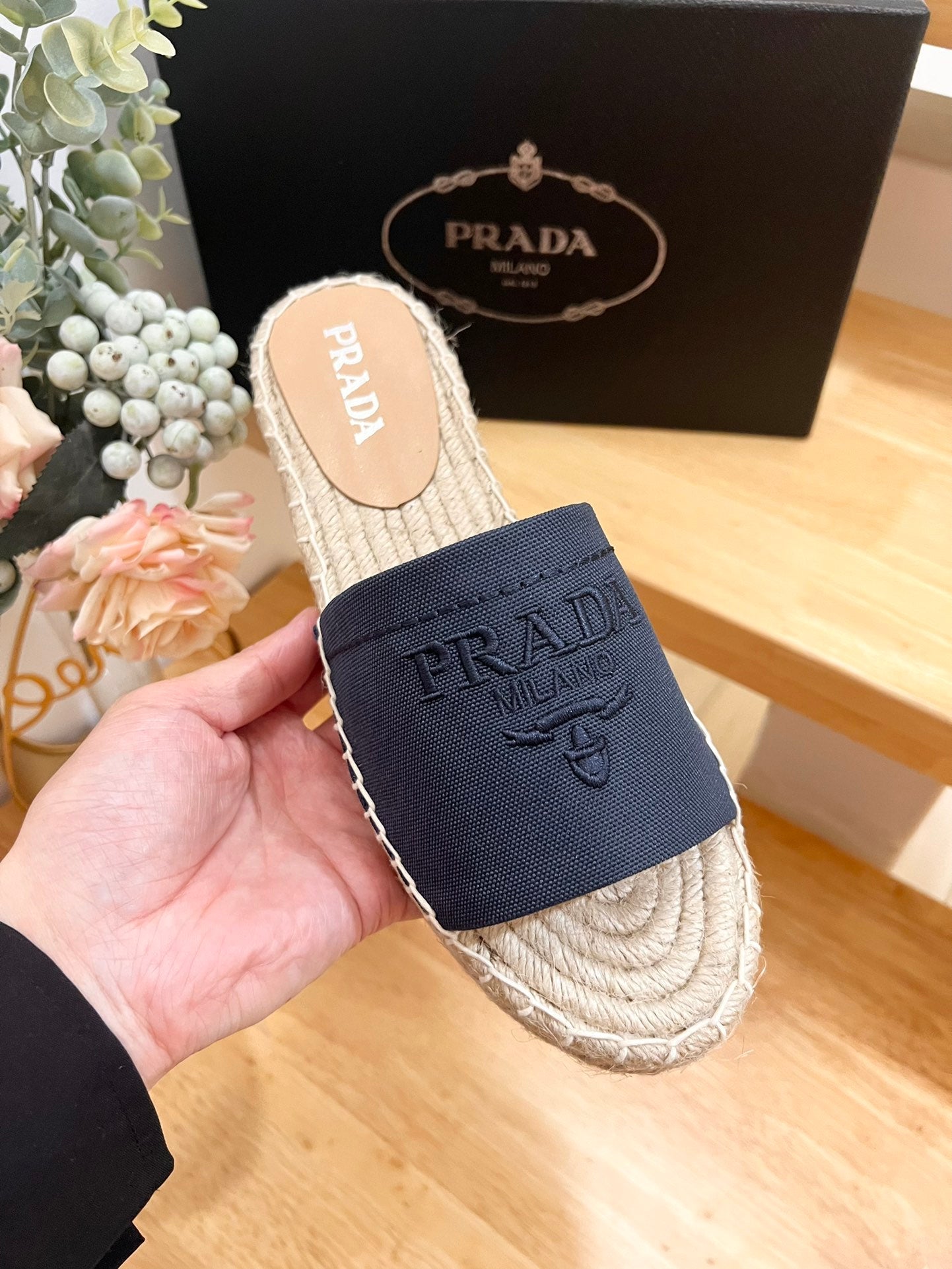 PRADA Slide 20 Denim Velvet Beige Sole Raffia