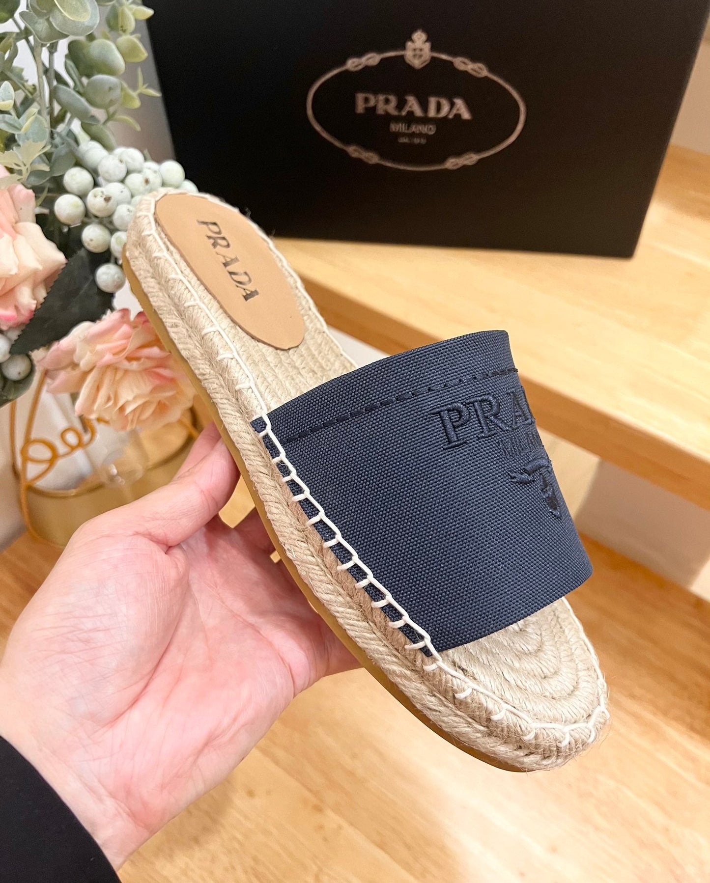 PRADA Slide 20 Denim Velvet Beige Sole Raffia