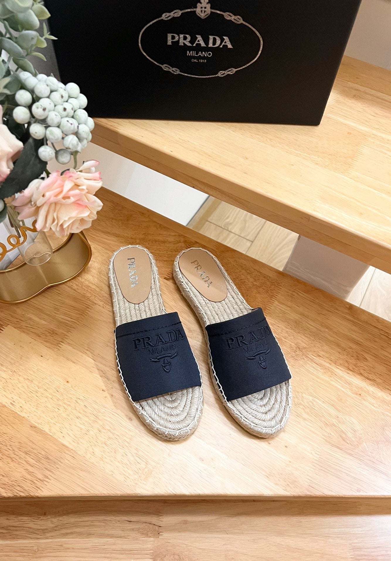 PRADA Slide 20 Denim Velvet Beige Sole Raffia
