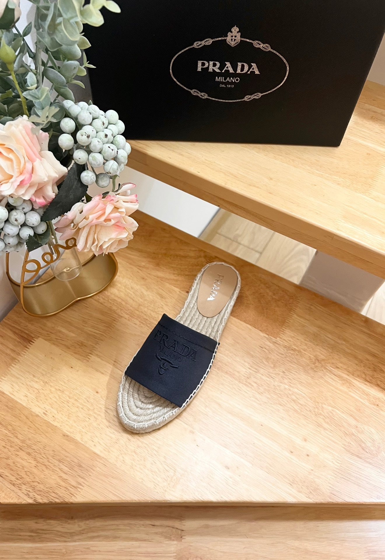PRADA Slide 20 Denim Velvet Beige Sole Raffia