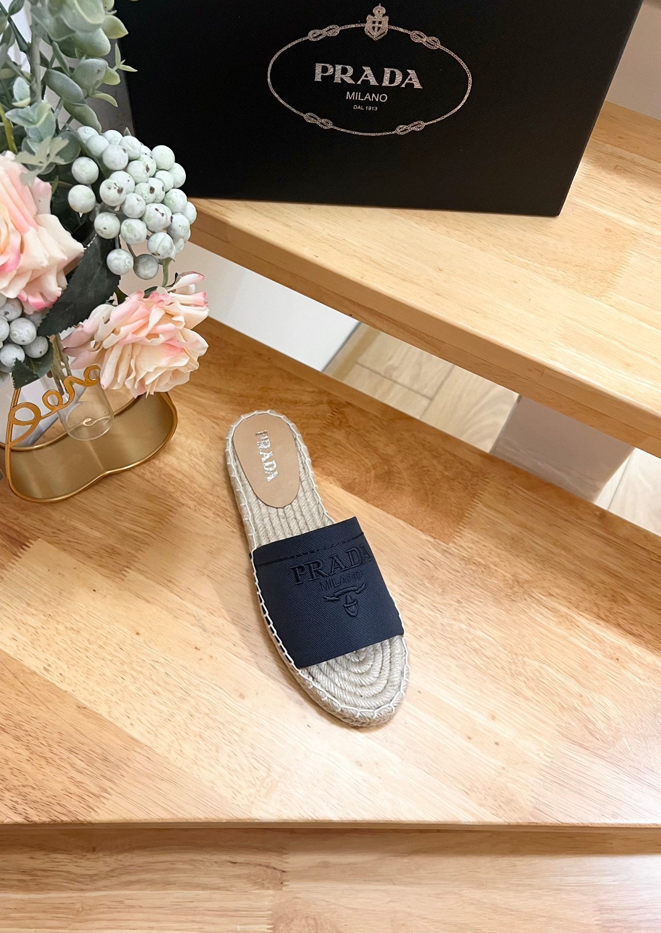 PRADA Slide 20 Denim Velvet Beige Sole Raffia