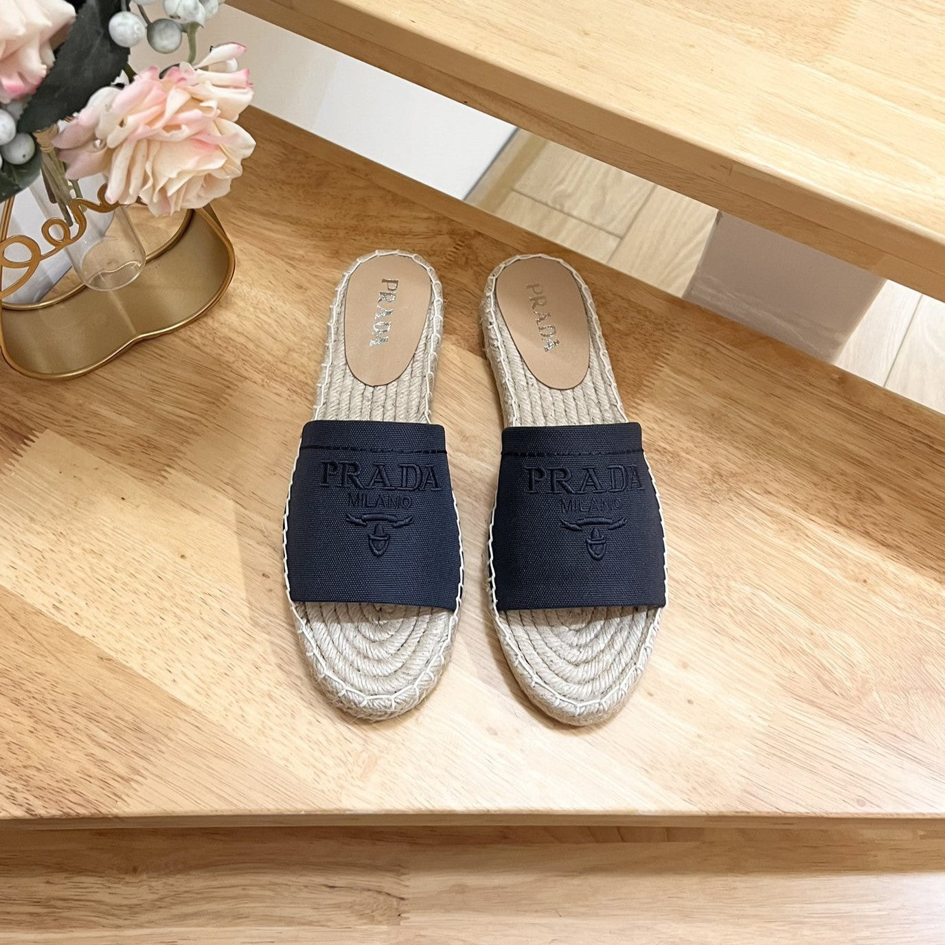 PRADA Slide 20 Denim Velvet Beige Sole Raffia