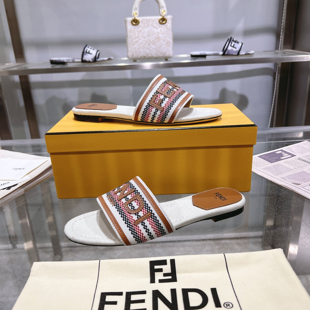 FENDI FF Women Signature Slides Tan White Canvas Slide